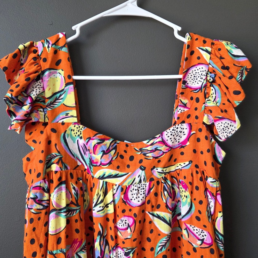 Kourt Small Orange Tropical Print Ruffle Mini Babydoll Dress Linen Blend Boho - Picture 2 of 8